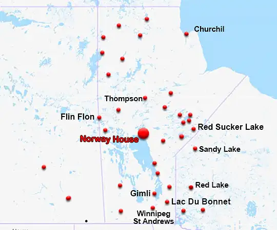 Map showing the location of Norway House in Manitoba